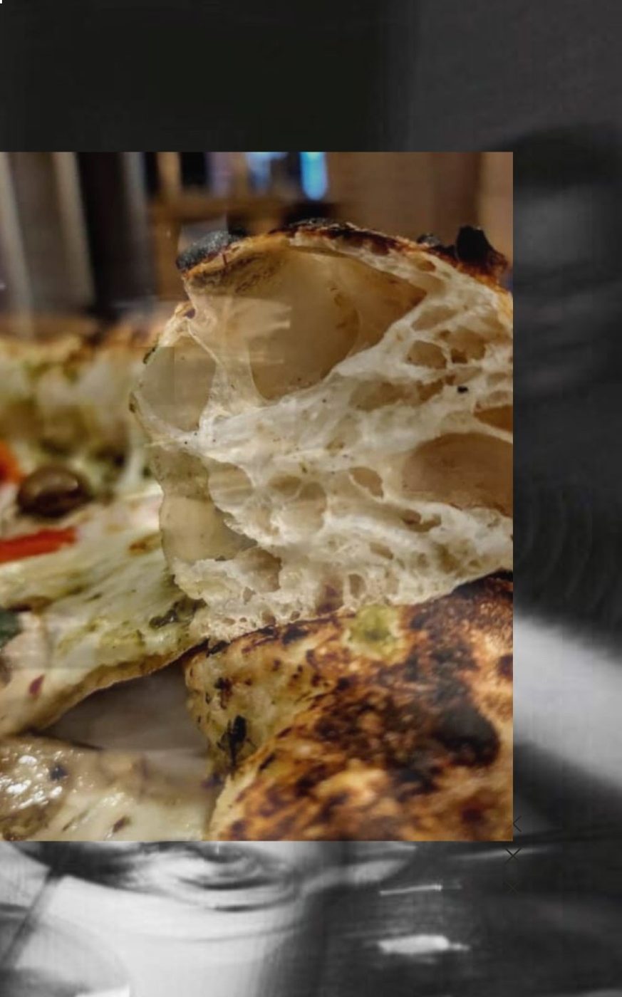 Gros plan sur la corniche alvéolée d'une pizza Biga