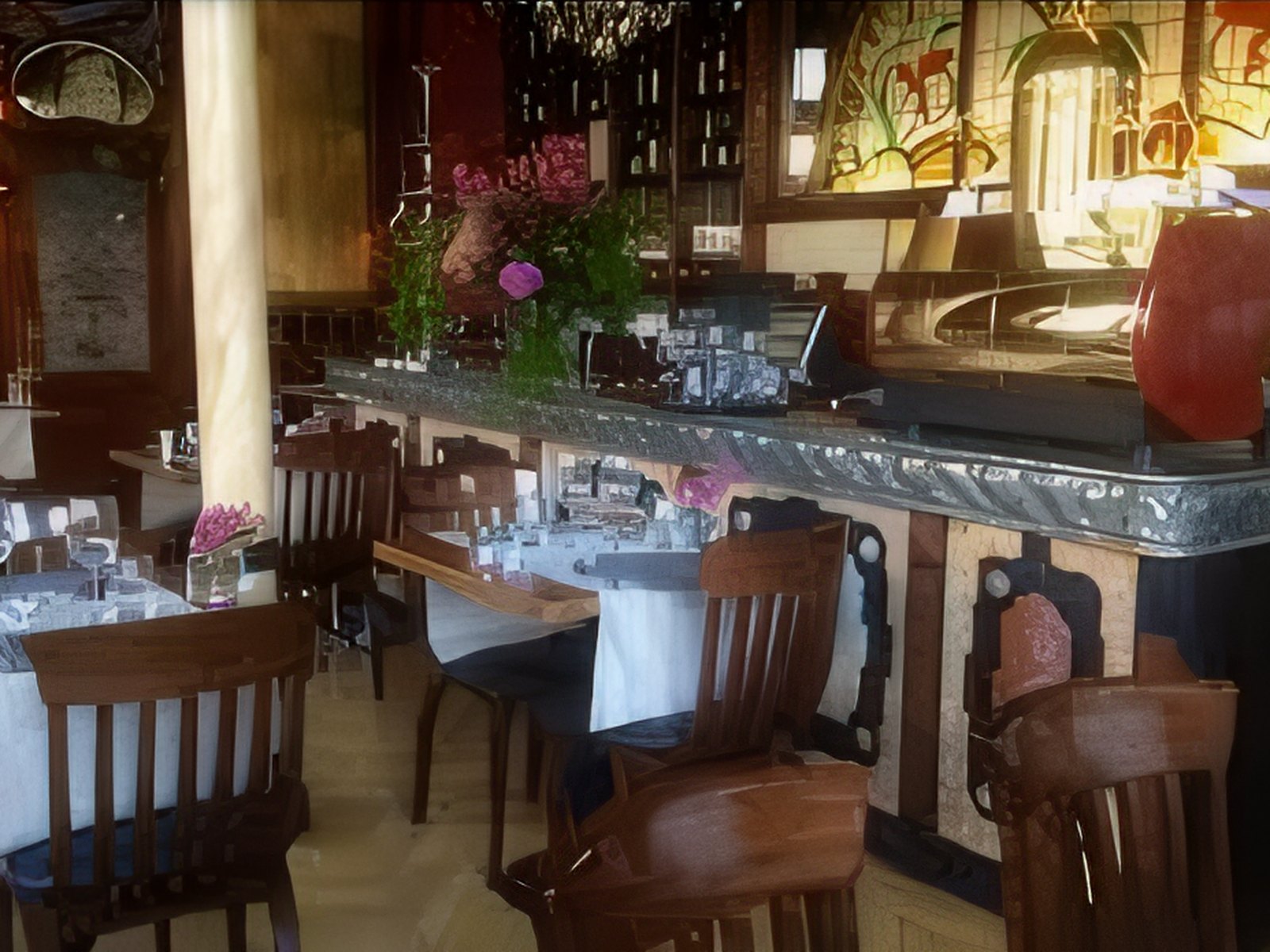 Comptoir en étain et marbre de 1870 dans la salle du Buca di Bacco à Bruxelles