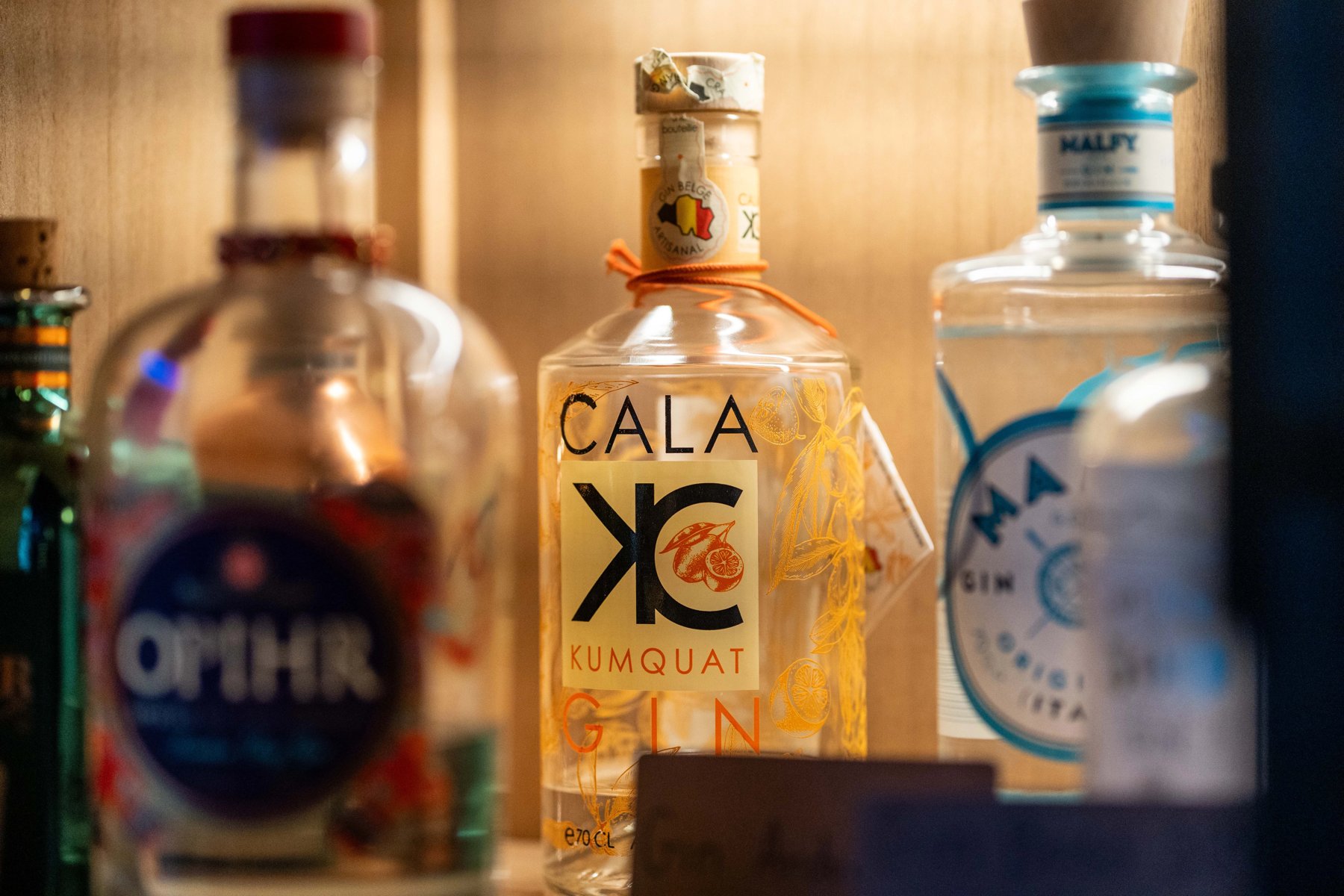 Sélection de gins et spiritueux au bar de La Pierre Bleue