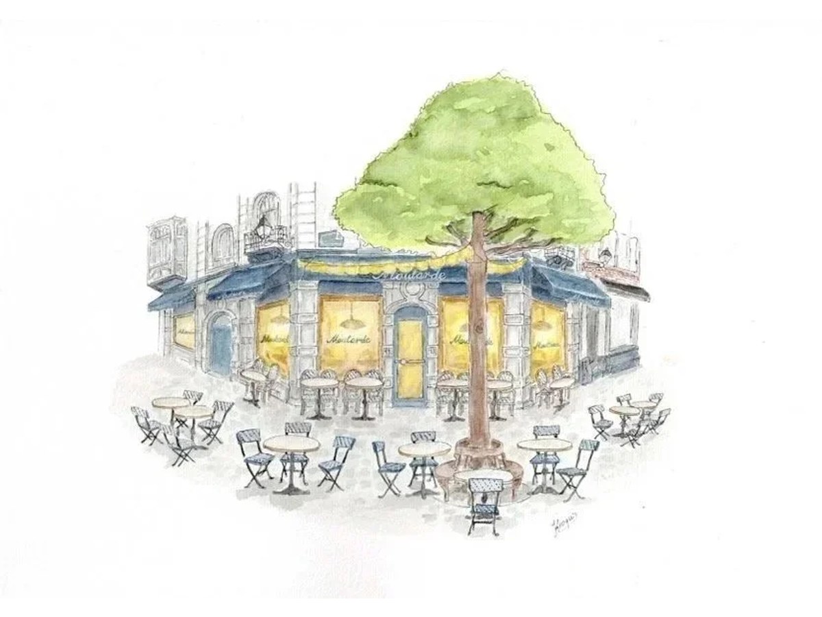 Illustration de la façade et de la terrasse de Moutarde à l'angle de la rue Saint-Boniface