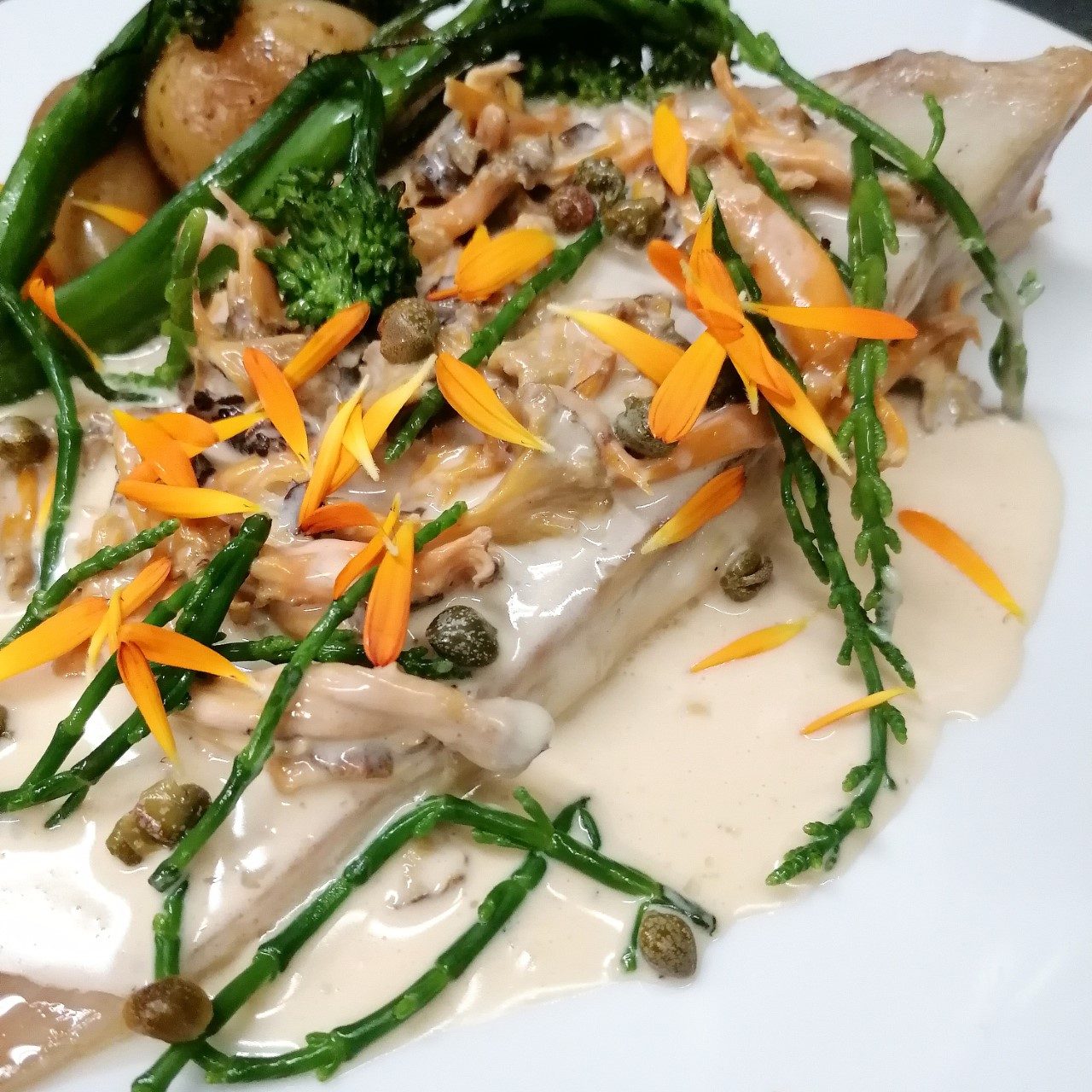 Poisson à la crème, salicornes et câpres servi au Wine Bar des Marolles